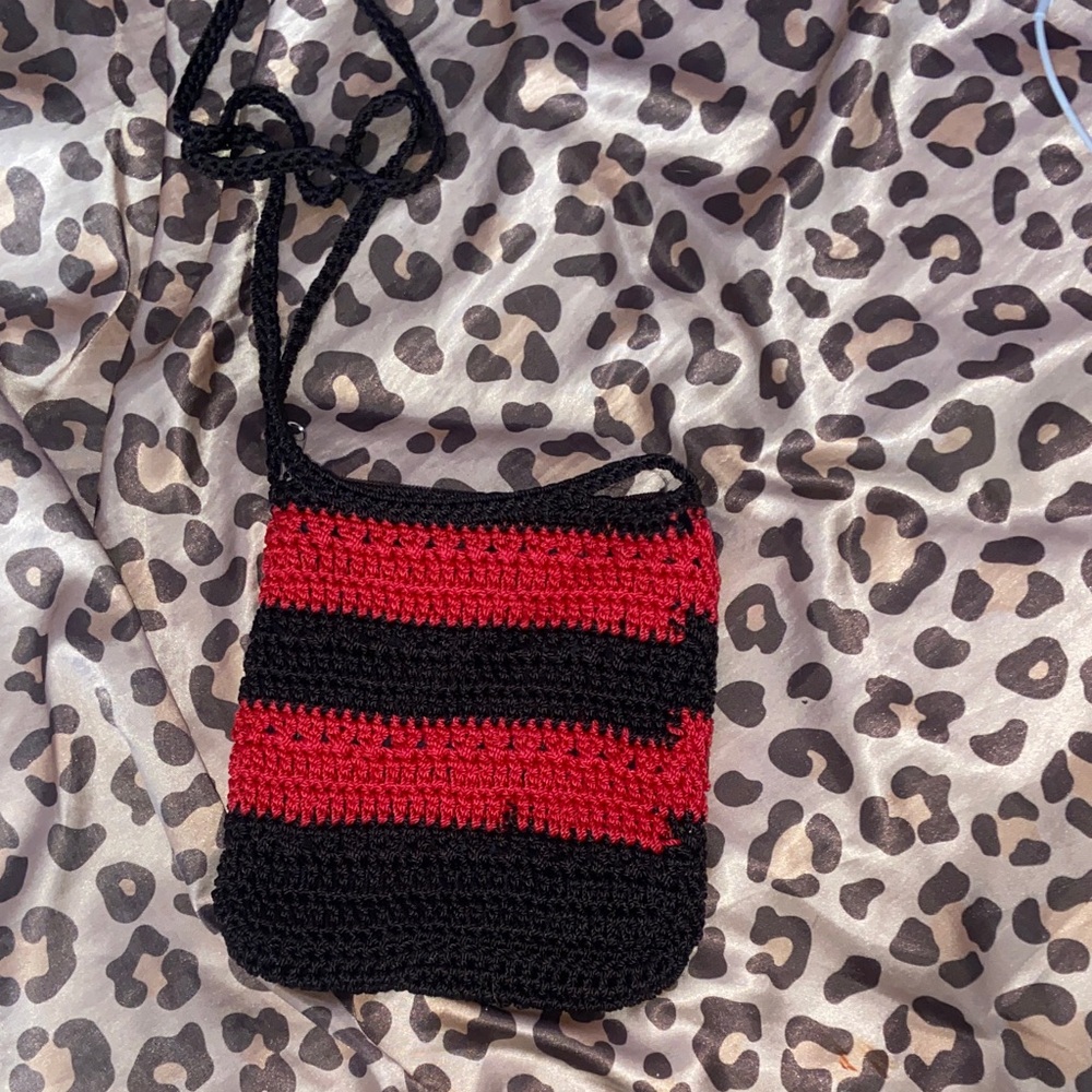handcrafted red + black crochet mini crossbody bag